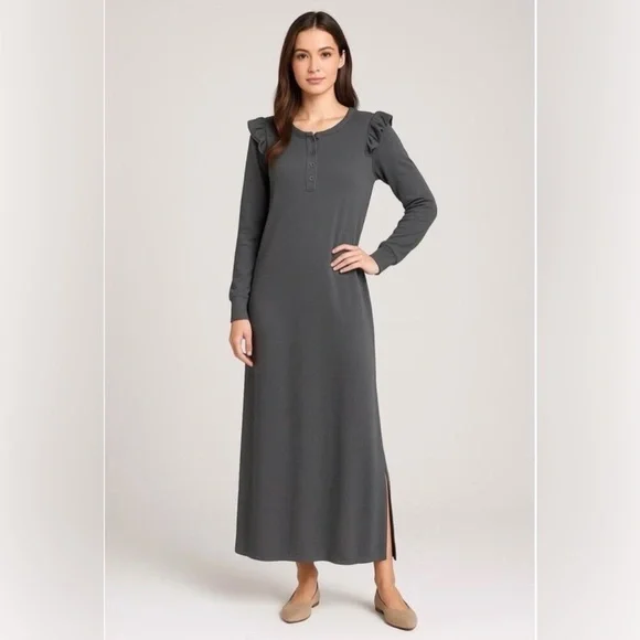 REVOLVE Z Supply NWT Ruffle Henley Maxi Dress Charcoal Gray Long Sleeve, Medium. - Picture 5 of 14